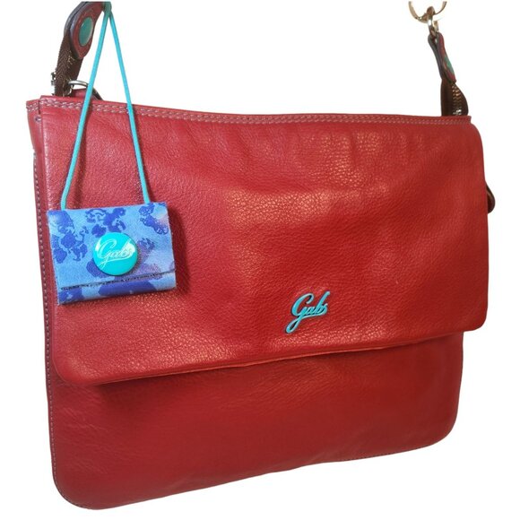 GABS Italian Red Leather Expandable Flat Shoulder Bag Turquoise Buttons - Picture 3 of 14